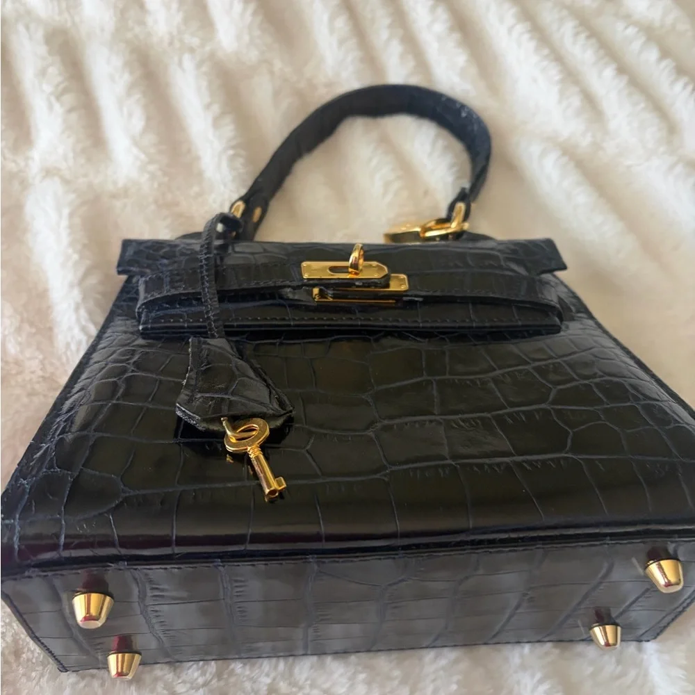 Black Croc-Embossed Top Handle Satchel with Gold Hardware - Picture 2 of 7